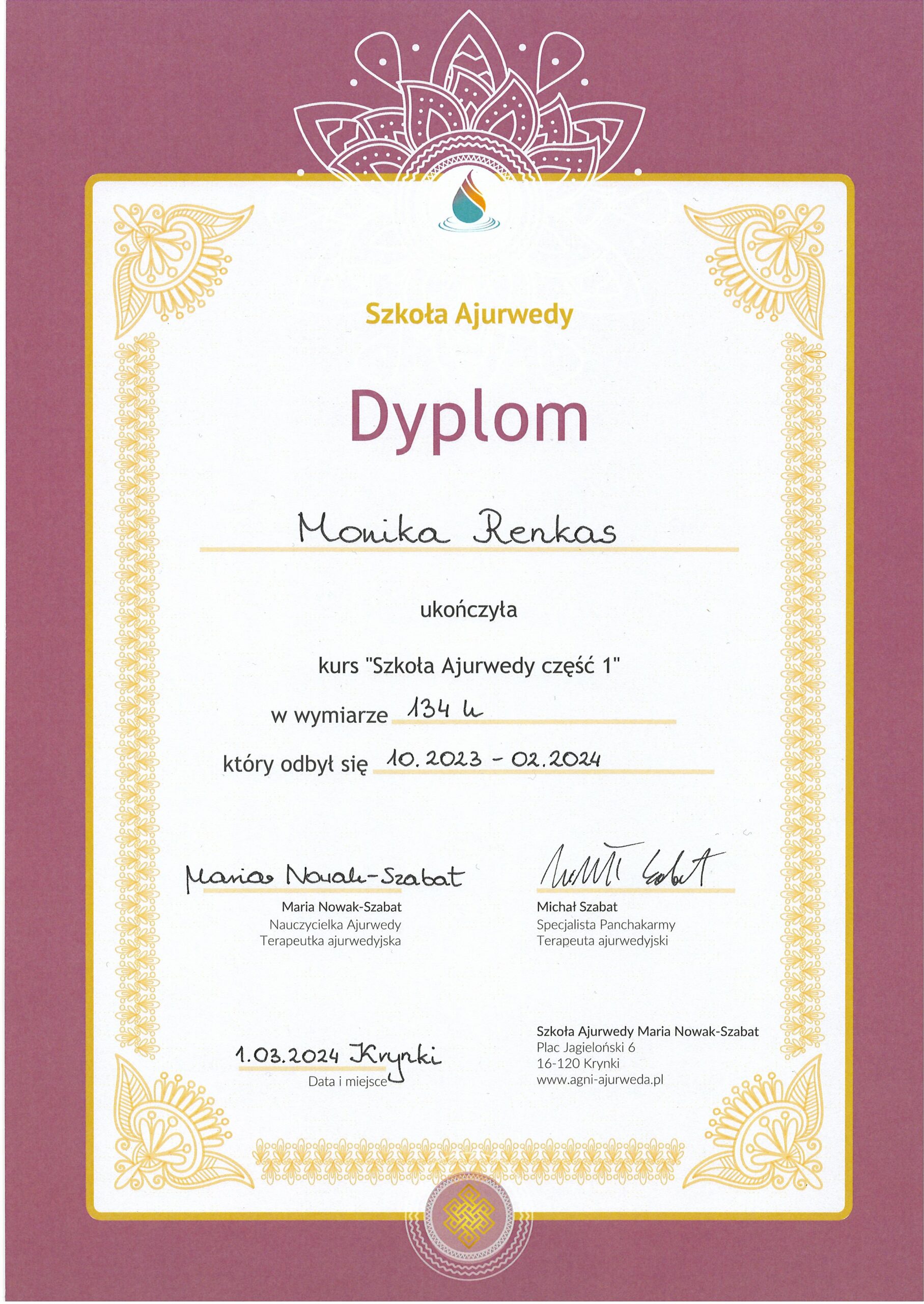 Monika Renkas - Pieniądze i relacje. Dyplom "Szkoła Ajurwedy"